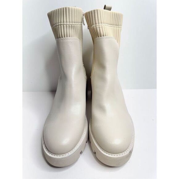 Bar III Boots Cream Chunky Heel Size 11 Womens Ribbed Ankle Booties Side Zip - Picture 4 of 8